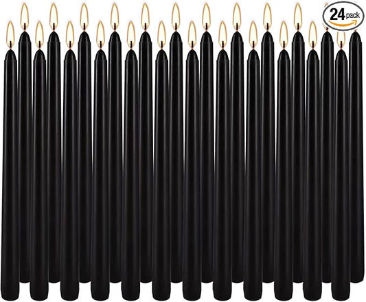 24 Pack Black Taper Candles, 7-8 Hours Burn Time, Unscented, Smokeless and Dripless, 0.75 x 10 Inch Dinner Candle Set for Household, Wedding, Party and Home Décor Candlesticks