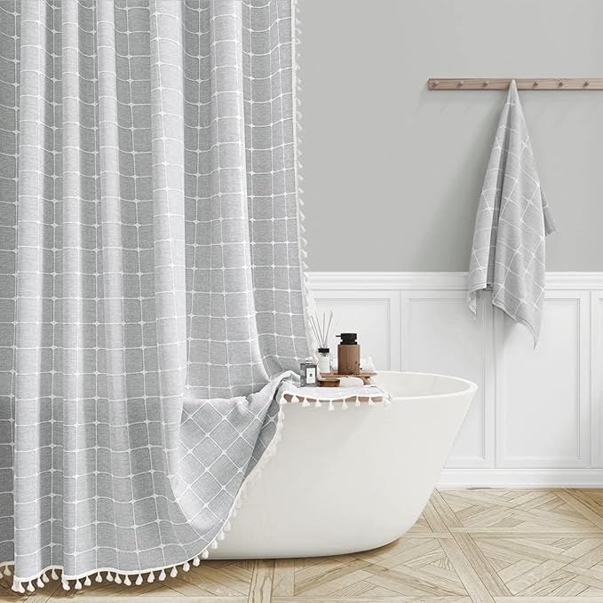 BTTN Stall Fabric Shower Curtain - 54x72 Inch Boho Linen Heavy Duty Tassel Cloth Shower Curtain Set with 10 Hooks, Narrow Rustic Modern Farmhouse Neutral Thick Shower Curtains for Bathroom - Grey/Gray
