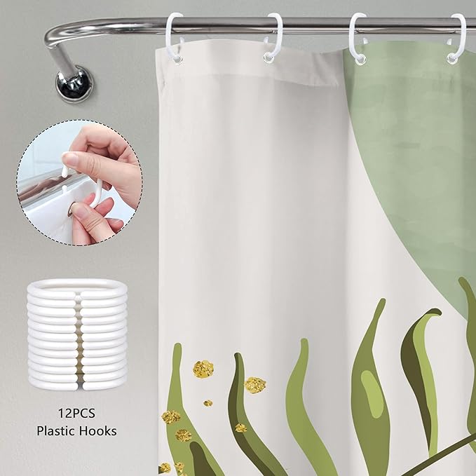 Sage Green Boho Shower Curtain 72Wx84H Extra Long Modern Abstract Bohemian Leaves Minimalist Neutral Botanical Arch Bathroom Decor Mid Century Plant Bath Curtain Fabric Polyester 12 Pack Hooks
