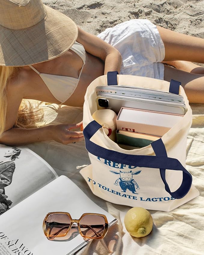 Aesthetic Canvas Tote Bag with Inner Pocket for Women, Cloth Cotton Totes Bag with Pattern for Shopping, Gym