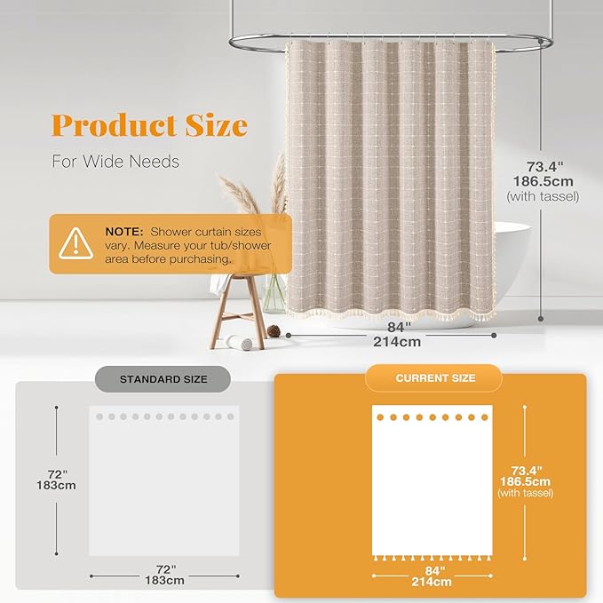 BTTN 84 Inch Wide Shower Curtain - 84x72 Boho Farmhouse Fabric Thick Shower Curtain Set with 14 Plastic Hooks, Large Country Rustic Simple Water-Resistant Cloth Bath Curtains for Bathroom - Taupe/Tan