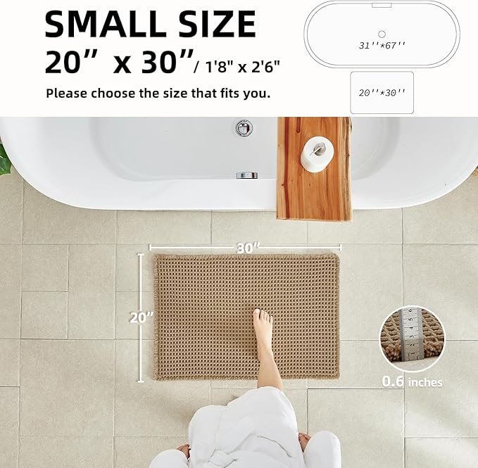Waffle Bath Mat, Boho Bathroom Rugs Non Slip Washable Super Absorbent Quick Dry Farmhouse Bathroom Decor, 30"x20" Khaki