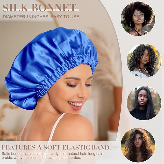 Satin Bonnet Silk Bonnet Hair Bonnet for Sleeping-Slouchy Beanie Hat Satin Sleep Cap for Women's Natural & Curly Hair(Royal Blue)