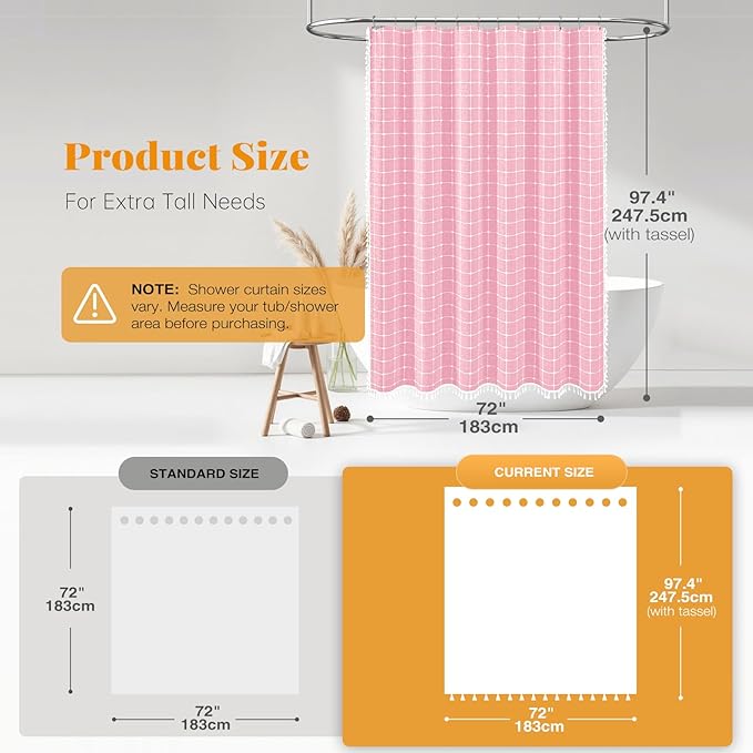 BTTN Extra Long Shower Curtain - 72x96 Inch Long Boho Chic Linen Fabric Heavy Duty Shower Curtain Set with Hooks, Tall Bohemian Farmhouse Shabby Chic Tassel Cloth Shower Curtains for Bathroom - Pink