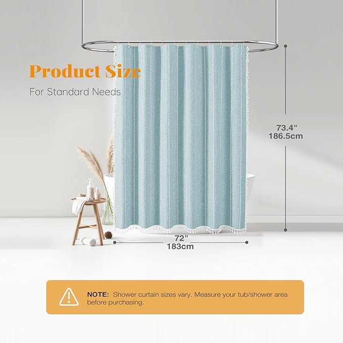 BTTN Boho Farmhouse Shower Curtain, Linen Rustic Weighted Striped Fabric Shower Curtain with Tassel, Water Repellent, Modern Bohemian Vintage Cloth Shower Curtains for Bathroom, Fog Blue, 72x72