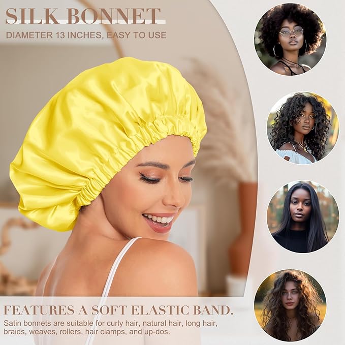 Satin Bonnet Silk Bonnet Hair Bonnet for Sleeping-Slouchy Beanie Hat Satin Sleep Cap for Women's Natural & Curly Hair(Yellow)