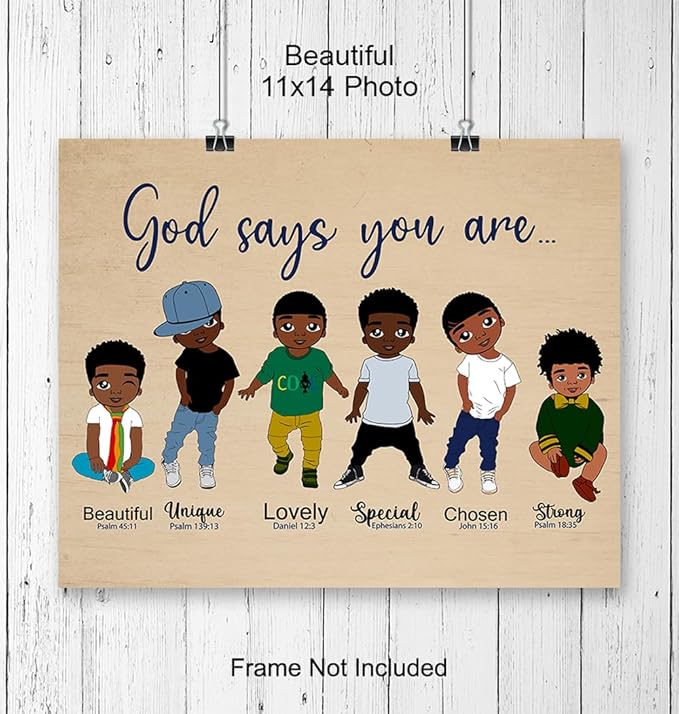 African American Boys Wall Art LARGE 11x14 - Christian Gifts - Bible Verse - Religious Wall Decor for Boys Room - Scripture Wall Art - Black Art - Inspirational Quotes - Bedroom Decor - God Wall Decor