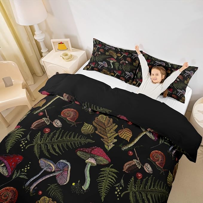 Wild Mushroom Duvet Cover Set Burgundy Plant Fall Thanksgiving Leaves Bedding Set for Kids Farmhouse Style Snail Print Comforter Cover Soft Polyester Quilt Cover 2 Pillow Case Full,No Comforter