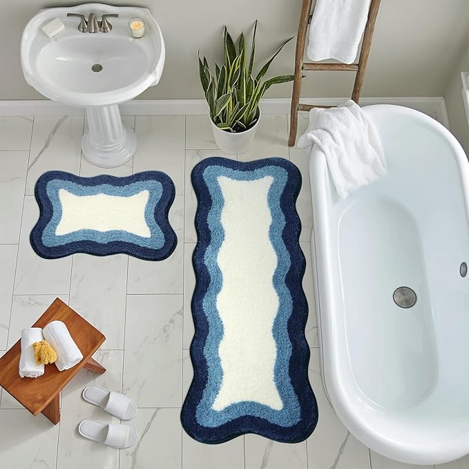 HAOCOO Bathroom Runner Rug 18x47 inch, Luxury Soft Non-Slip Long Bath Mat, Microfiber Machine Washable Blue Rug Runner Floor Mats for Bath Sink Tub Shower