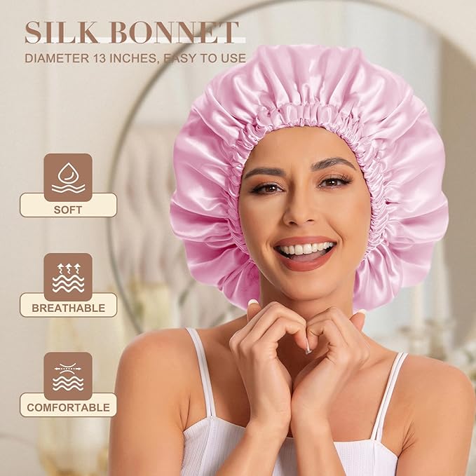 Satin Bonnet Silk Bonnet Hair Bonnet for Sleeping-Slouchy Beanie Hat Satin Sleep Cap for Women's Natural & Curly Hair(Black&Dark Pink)