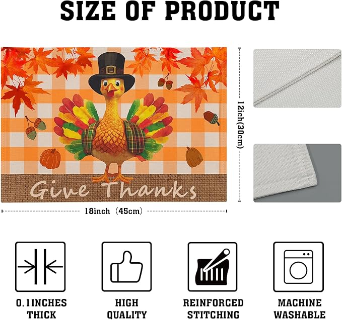 Giwawa Thanksgiving Placemats Set of 4, Give Thanks Turkey Place Mat with Orange Bufflao Plaids, Fall Autumn Maple Leaf Pumpkins Chestnuts Washable Table Mats for Kitchen Dining Holiday Decor, 12"x18"