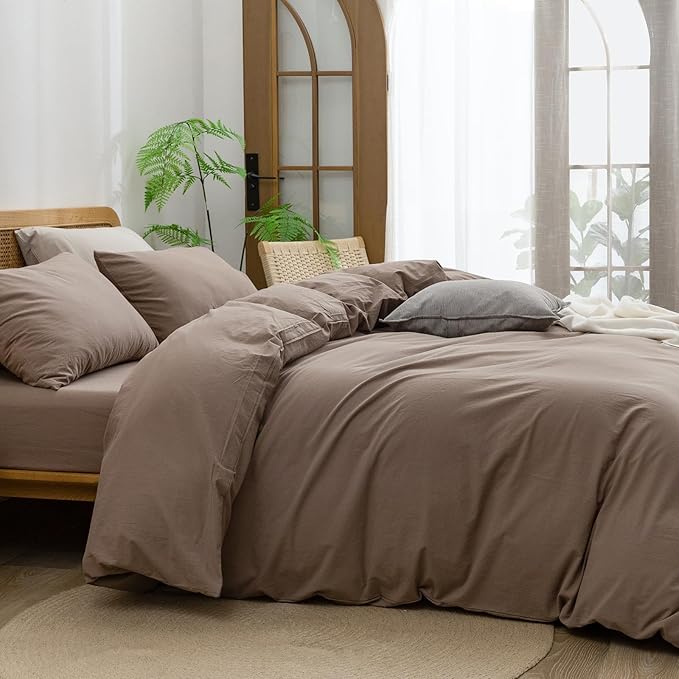 BESTOUCH Duvet Cover Set 100% Washed Cotton Linen Feel Super Soft Comfortable Chic Lightweight 3 PCs Home Bedding Set Solid Pine Bark Brown Super King Plus