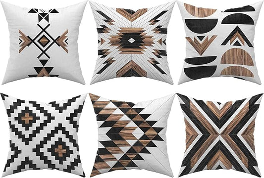 Aztec Throw Pillow Covers Set of 6,Rustic Southwestern Western Brown Wooden Texture Home Decor Ethnic Farmhouse Outdoor Couch Decorative Cushion Case 18"X18"