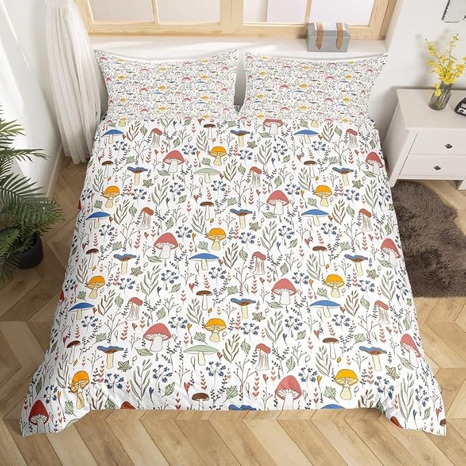 Feelyou Botanical Duvet Cover Set Mushroom Printed Comforter Cover for Kids Adults Leaves and Floral Bedding Set 1 Duvet Cover & 1 Pillowcase