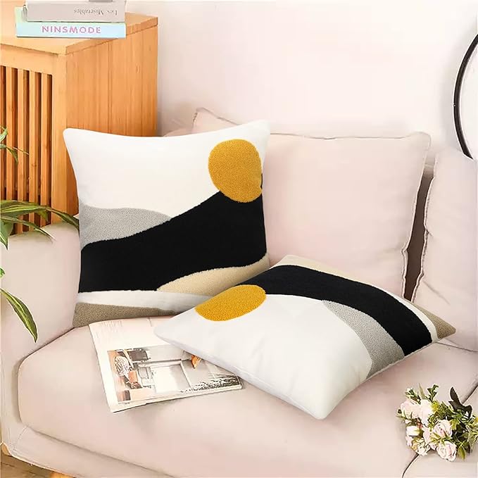 Merrycolor Tufted Boho Decorative Throw Pillow Covers Mid Century Modern Pillows Sun Pillowcases Couch Pillow Covers for Bed Sofa Living Room 18 X 18 Inch Mustard Yellow and Black