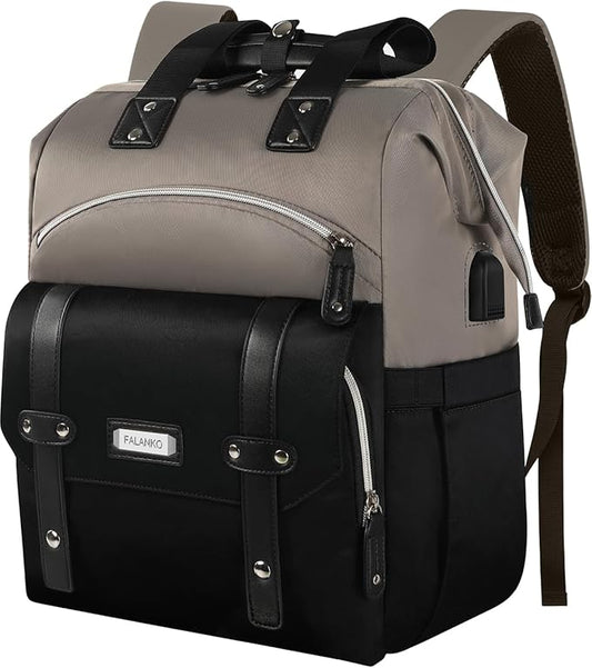 FALANKO Women Laptop Backpack, Doctor Nurse Teacher Work Adult Backpack for 15.6 Inch Laptop with RFID Anti-theft USB Charging Port College Business Computer Bookbag Grey Black