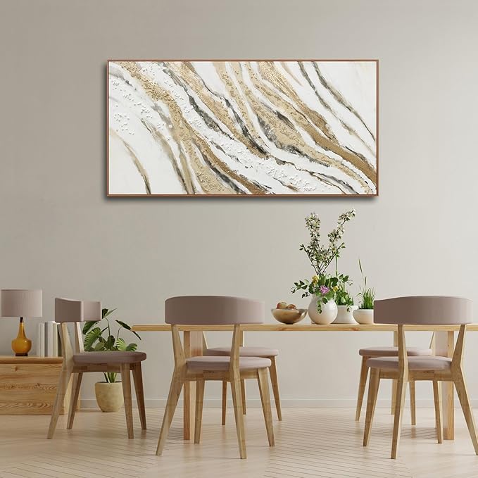 Abstract Wall Art Framed Artwork Abstract Painting With Golden And White Lines Decor Modern Canvas Wall Decor Suitable For Bedroom Apartment Office Dining Room Wall Decor Can Be Hang 24"X48"