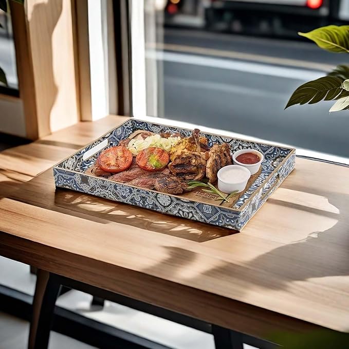 Large Serving Tray with Handles,Rectangle Plastic Serving Tray,Bohemian Blue Ottoman Trays Coffee Table Trays for Living Room,Decorative Tray for Coffee Table 16" x 12"