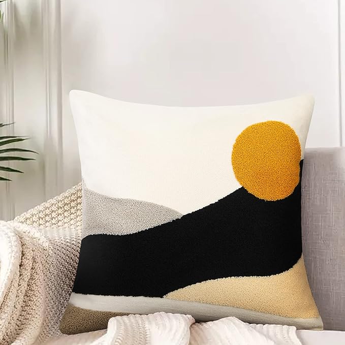 Merrycolor Tufted Boho Decorative Throw Pillow Covers Mid Century Modern Pillows Sun Pillowcases Couch Pillow Covers for Bed Sofa Living Room 18 X 18 Inch Mustard Yellow and Black