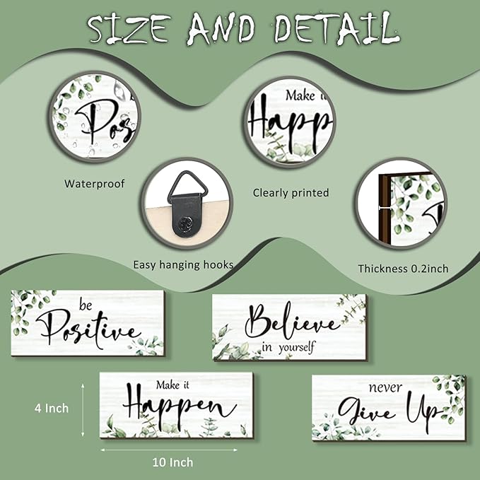 4 Pcs Green Office Decor For Women Motivational Wall Decor Inspirational Office Wall Decor With Positive Sayings Wooden Hangings for Home Office Bathroom Bedroom Kitchen(Green Leaf 10x4")