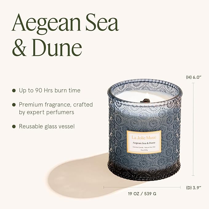 LA JOLIE MUSE Summer Marine Scented Candle, 19 Oz, Ocean Candle Gift, Natural Soy Candles for Home Scented, Long Burning Time, Large Glass Jar Candles