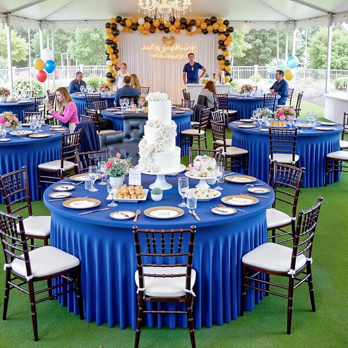 Outpain 4 Pack Spandex Royal Blue Round Tablecloths for 60in Tables, 120Inch Stretchy Fitted 5FT Round Table Clothes,Wrinkle Free Table Cover with Skirt for Wedding Party Dining Banquet