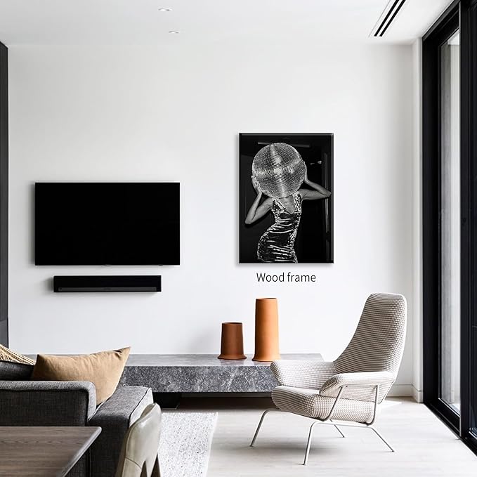 Vintage Funky Y2k Hot Girl Poster Black and White Disco Ball Canvas Wall Art 12x16 inch Framed Trendy Preppy Bar Cart Decor for Living Room Dorm