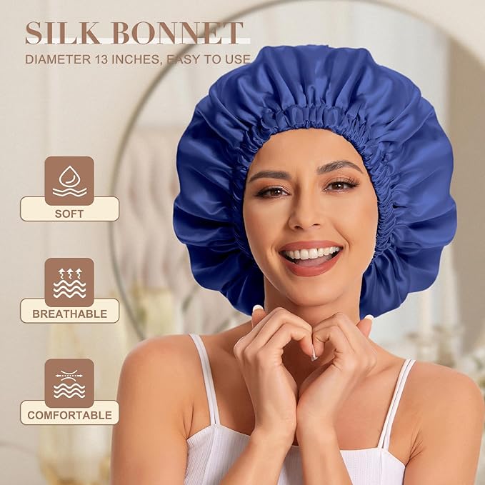 Satin Bonnet Silk Bonnet Hair Bonnet for Sleeping-Slouchy Beanie Hat Satin Sleep Cap for Women's Natural & Curly Hair(Navy)