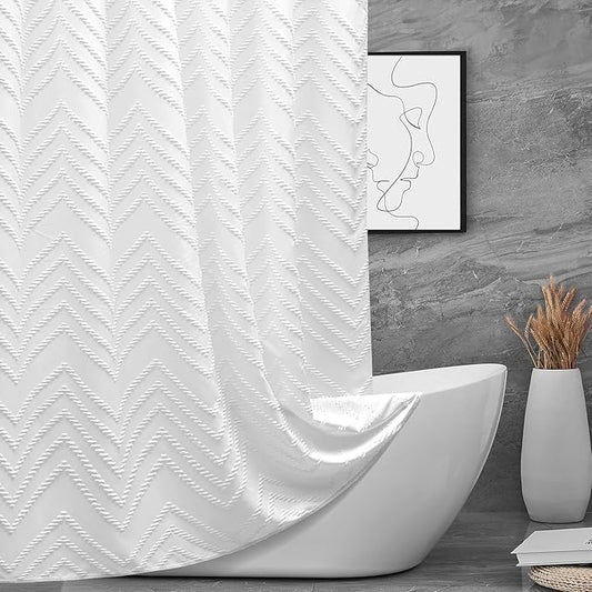 Extra Long Shower Curtains 72 x 84 Inches White Tufted Chevron Striped Fabric Shower Curtains for Bathroom Modern Shabby Chic Waterproof Cloth Shower Curtain, White
