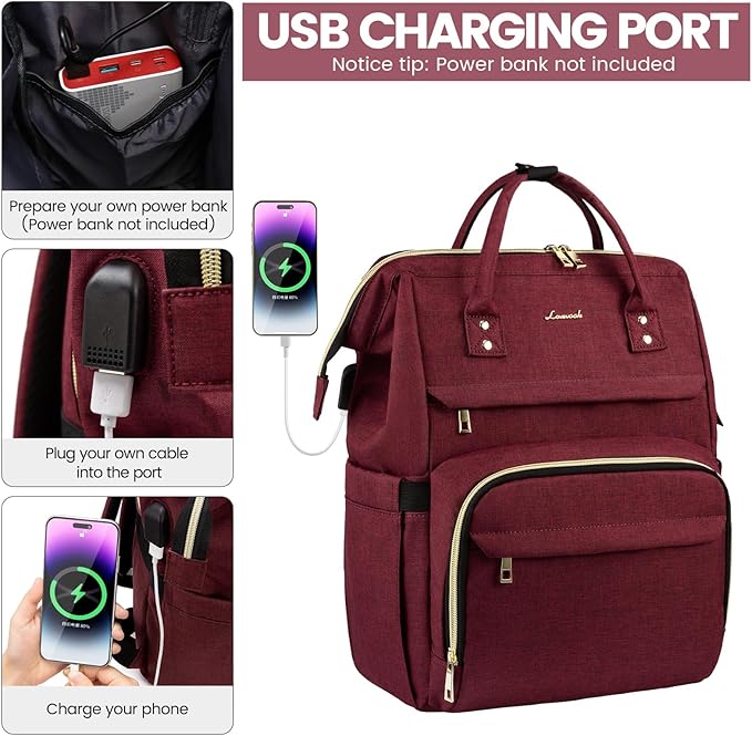 LOVEVOOK Laptop Backpack for Women,15.6 Inch Professional Womens Travel Backpack Purse Computer Laptop Bag Nurse Teacher Backpack,Waterproof College Work Bags Carry on Back Pack with USB Port,Wine Red