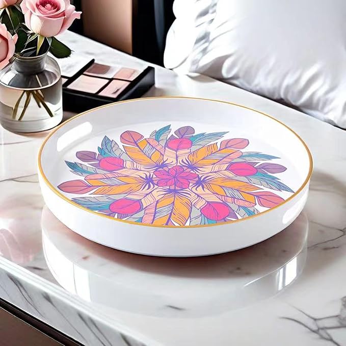 Round Coffee Table Tray Ottoman Tray,Round Plastic Serving Trays with Handles,Modern Decorative Tray for Ottoman Coffee Table,Plastic Ottoman Tray for Living Room, Large, White