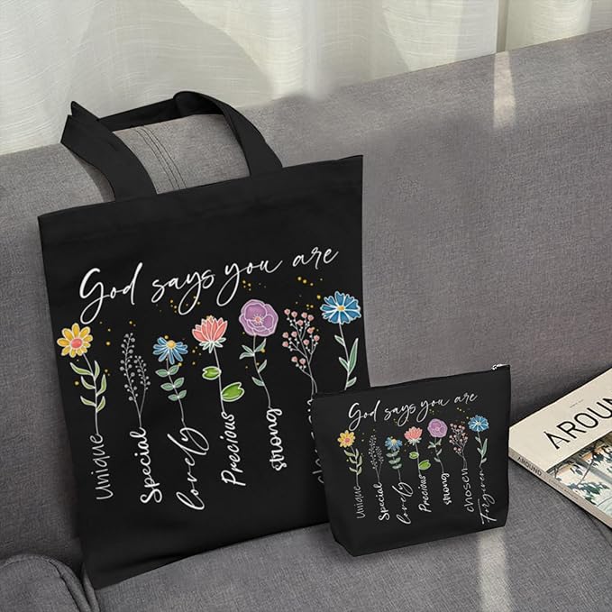 2 Pack Christian Bible Canvas Tote Bag for Women with Makeup Bag Gods Says You Are Bags Floral Tote Bag Aesthetic