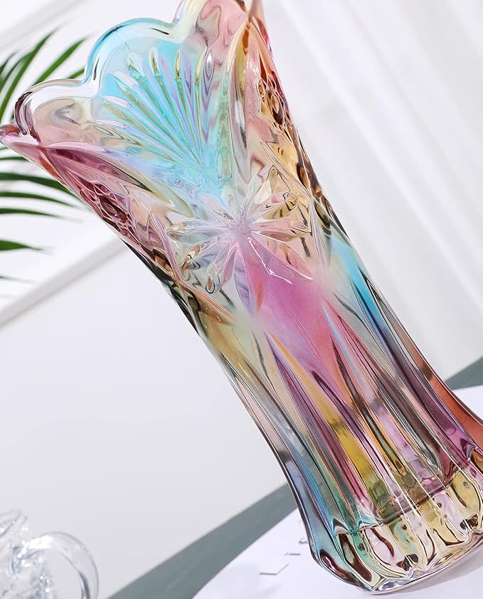 Glass Colorful Vase,Glass Flower Vase Decor for Home Dining Table Living Room,Office Wedding Holiday Party,Handmade Pattern