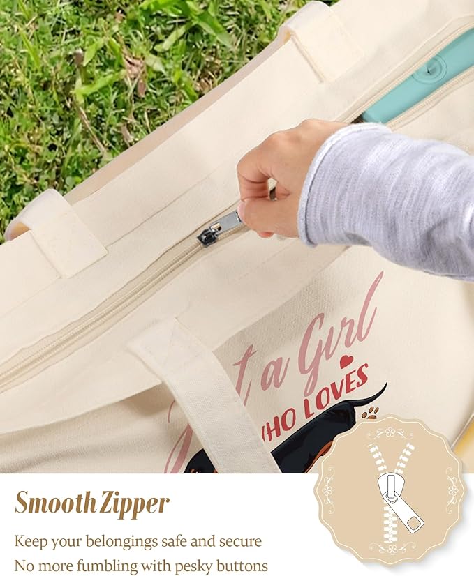 Large Tote Bag for Women - Aesthetic Cute Big Canvas Bags with Zipper Cotton Shoulder Bag for Gym, Travel, Work