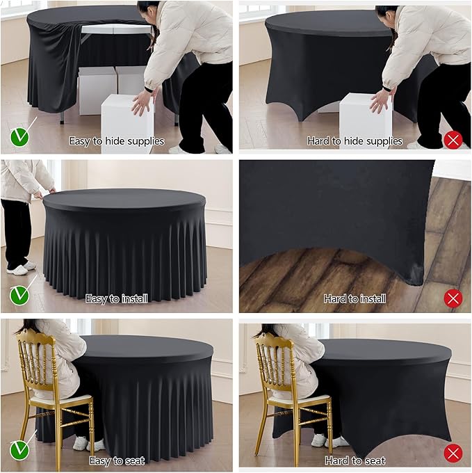 Outpain 6 Pack Black 72in/6FT Round Spandex Tablecloth,132inch Stretchy Fitted Black Table Cloths,Wrinkle Free Round Table Cloths with Skirt for Wedding Vendor Graduation Banquet