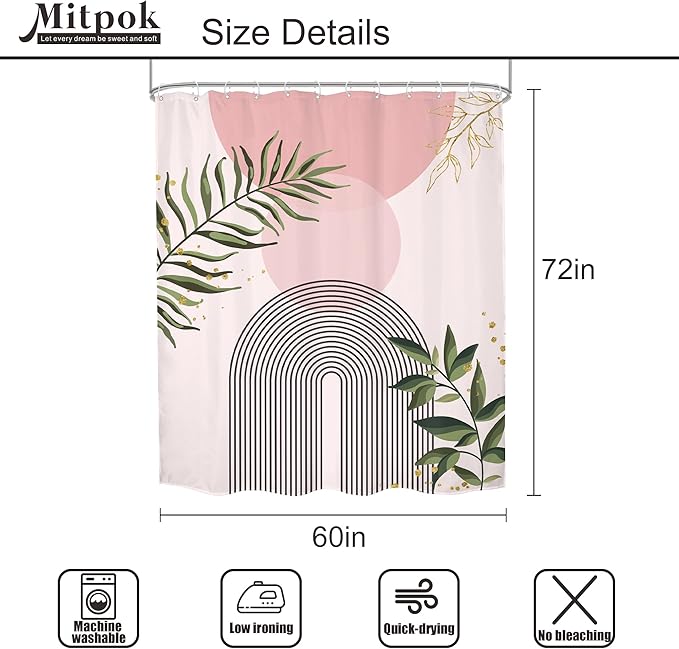 Pink Boho Shower Curtain 60Wx72H Mid Century Modern Abstract Gold Leaves Plant Sun Bathroom Decor Minimalist Geometric Arch Line Aesthetic for Girls Bath Curtain Fabric Polyester 12 Pack Hooks