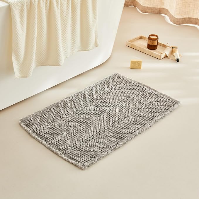 Bath Rugs,Upgraded Waffle Bath Mat,Super Absorbent Boho Bath Rug Non Slip Bath Rugs,Machine Washable Rugs, Rubber Backed Shower Matt, Ultra Soft,Gray,18" x 30"