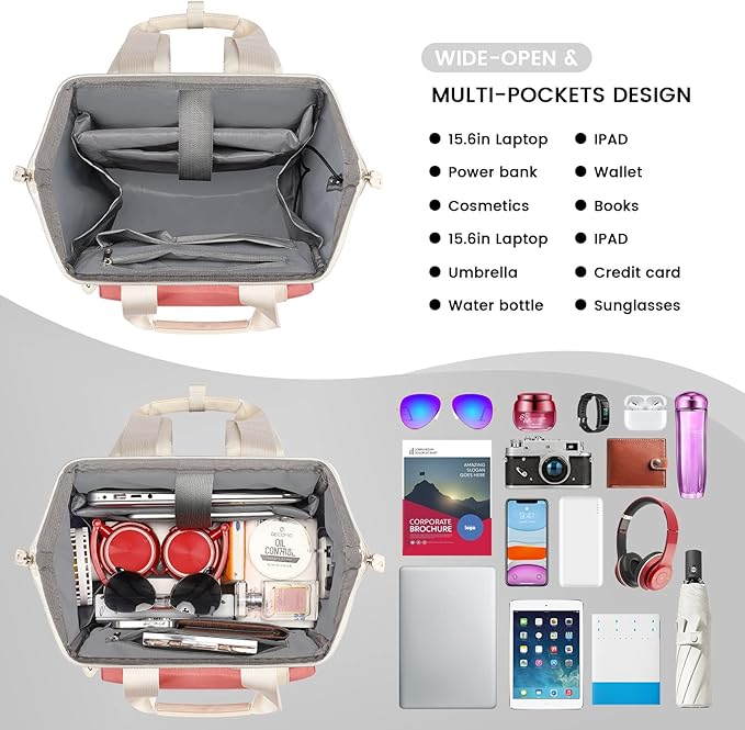 FALANKO Laptop Backpack for Women,Teacher Doctor Nurse Work Purse Bag for 15.6 Inch Laptop, Wide Open backpack With USB Charging Port RFID Pocket, Large, Water Resistant, White-Pink