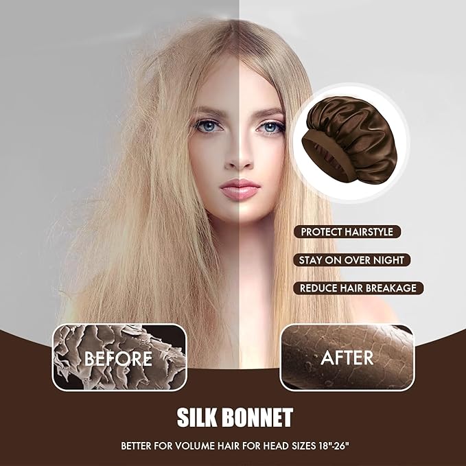 Satin Silk Bonnet for Sleeping, Double Layer Silk Sleep Cap for Men & Women, Soft Satin Lined Bonnet for Natural & Curly Hair(Dark Brown)