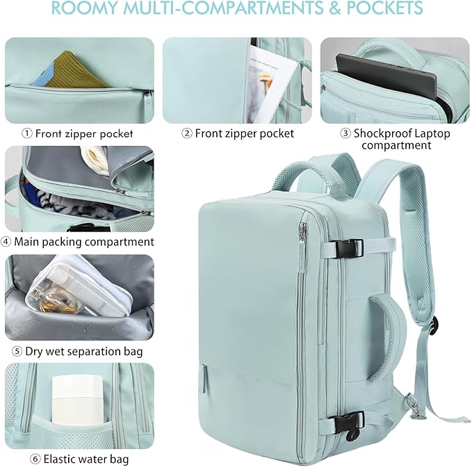 Beraliy Travel Backpack for Women, Airline Approved Bag, 16 inch Laptop Waterproof Hiking Backpack, Casual College Daypack, Weekender Bag, Mint Green