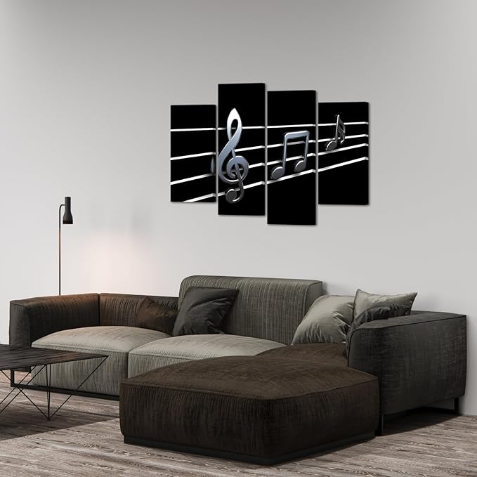 Biuteawal Music Wall Art Modern Musical Note Canvas Prints 4 Panels Stretched and Framed Black White Notes Beating on Staff Picture Decor Artwork for Party Home Living Room Bedroom Ready to Hang