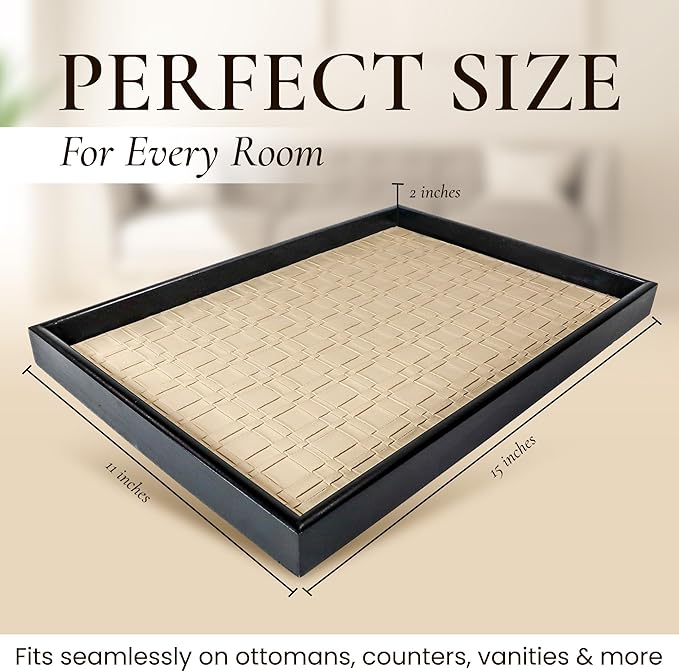 Solvane Wooden Serving Tray - 15x11in Rectangular Ottoman & Coffee Table Tray, Decorative Wood Tray with PU Leather Base for Living Room, Kitchen, Bathroom & Vanity