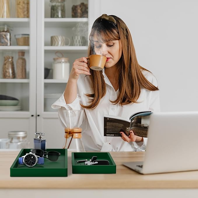 BBK Bathroom Vanity Tray- 2 Pack (7.8" and 11.8") Silicone Bathroom Tray for Counter, Perfume Key Trinket Ring Tray, Decor Soap Dispenser Countertop Tray for Kitchen Sink Organization.(Green)