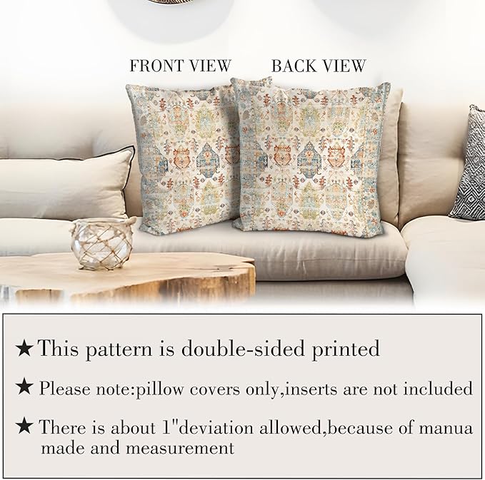 Boho Floral Throw Pillow Covers 16x16 inch Set of 2,Beige Boho Rug Geometric Floral Pattern Decor Double Sided Pattern Cushion Cover Soft Pillow Case Living Sofa Room Bed Square Pillow Cover