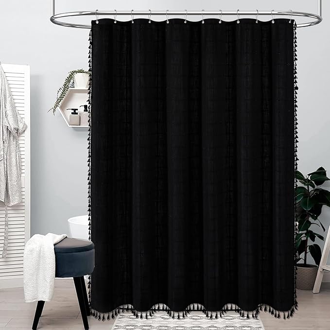 BTTN Extra Long Shower Curtain - 72x96 Inch Long Boho Chic Linen Fabric Heavy Duty Shower Curtain Set with Hooks, Tall Bohemian Farmhouse Luxury Tassel Cloth Shower Curtains for Bathroom - Black