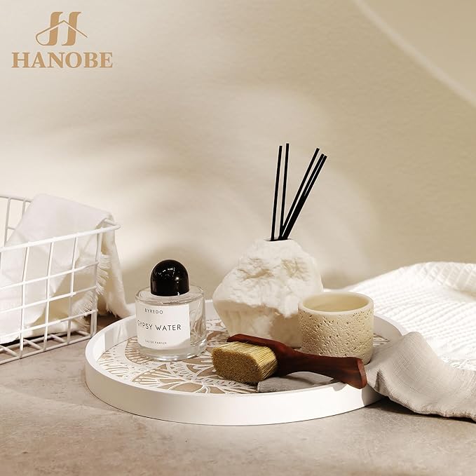 Hanobe Decorative Serving Tray Round: 2Pcs Farmhouse Coffee Table Decor with White Boho Bead Garland - Mandala Trays for Living Room Kitchen Centerpiece Display