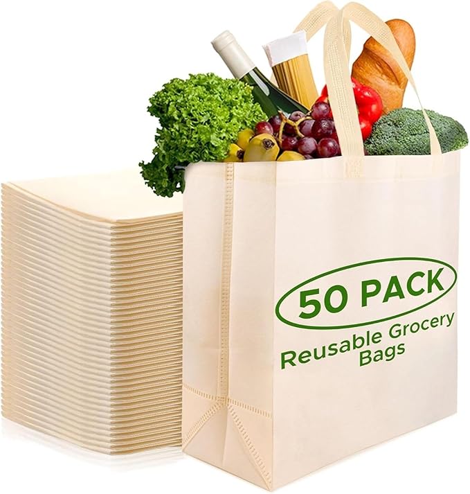 Simply Cool 50 Pack Reusable Eco-Friendly Grocery Shopping Bags 12.6"x6.3"x11.8" Durable, Recyclable, Washable, Foldable, Portable Tote Bags Bulk (50 Pack,Cream)
