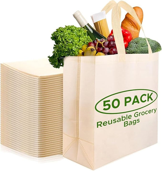 Simply Cool 50 Pack Reusable Eco-Friendly Grocery Shopping Bags 12.6"x6.3"x11.8" Durable, Recyclable, Washable, Foldable, Portable Tote Bags Bulk (50 Pack,Cream)