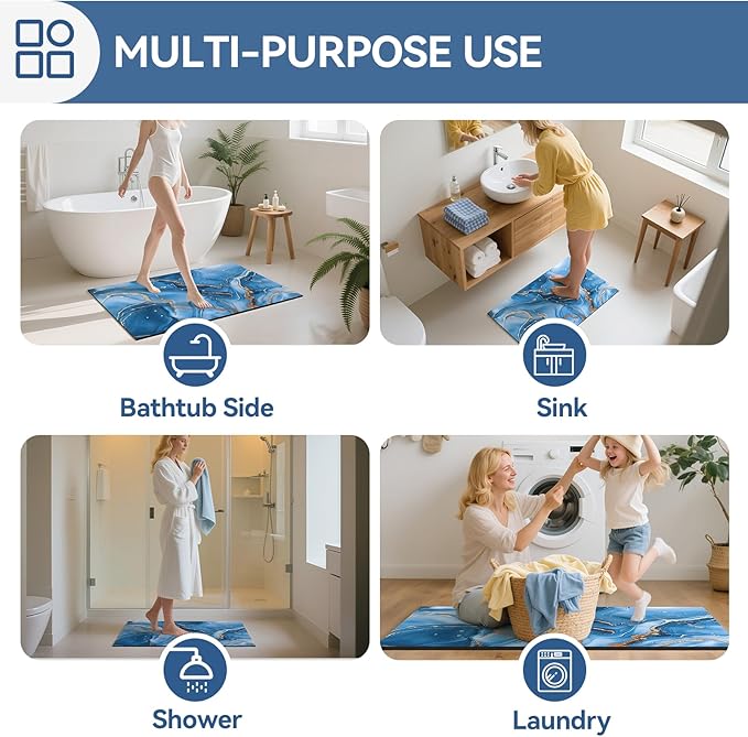 Non Slip Bath Mat Ultra Thin Bathroom Rug Fit Under Door, Rubber Backing Quick Dry Super Absorbent Washable Shower Bath Mats Blue 20x32