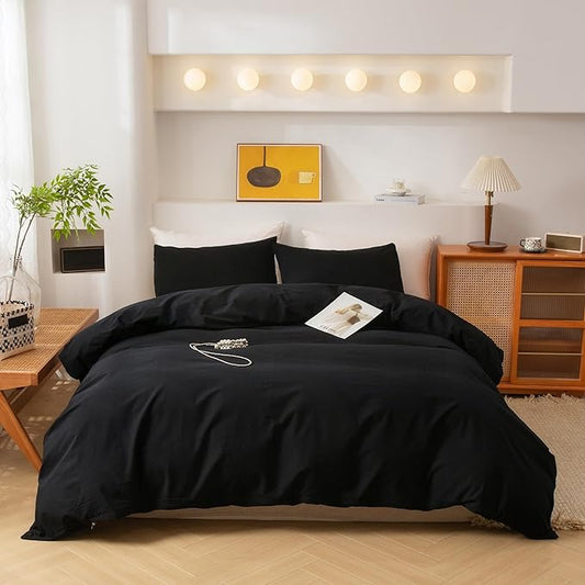 ECOCOTT 3 Pieces Duvet Cover Queen Size 100% Washed Cotton 1 Duvet Cover with Zipper and 2 Pillowcases, Ultra Soft and Easy Care Breathable Cozy Simple Style Bedding Set (Black,Queen)